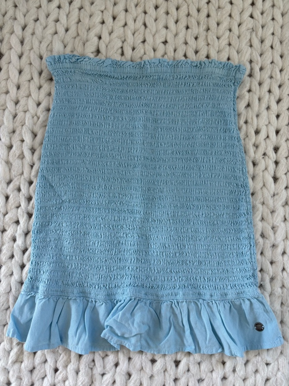 Roxy Light Blue Smocked Strapless Top with Ruffle Hem